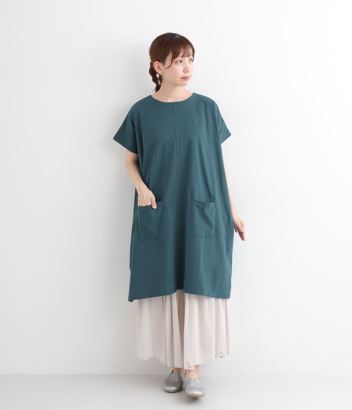空紡糸天竺　ワイド2wayワンピース(ブルーグリーン-ONESIZE)