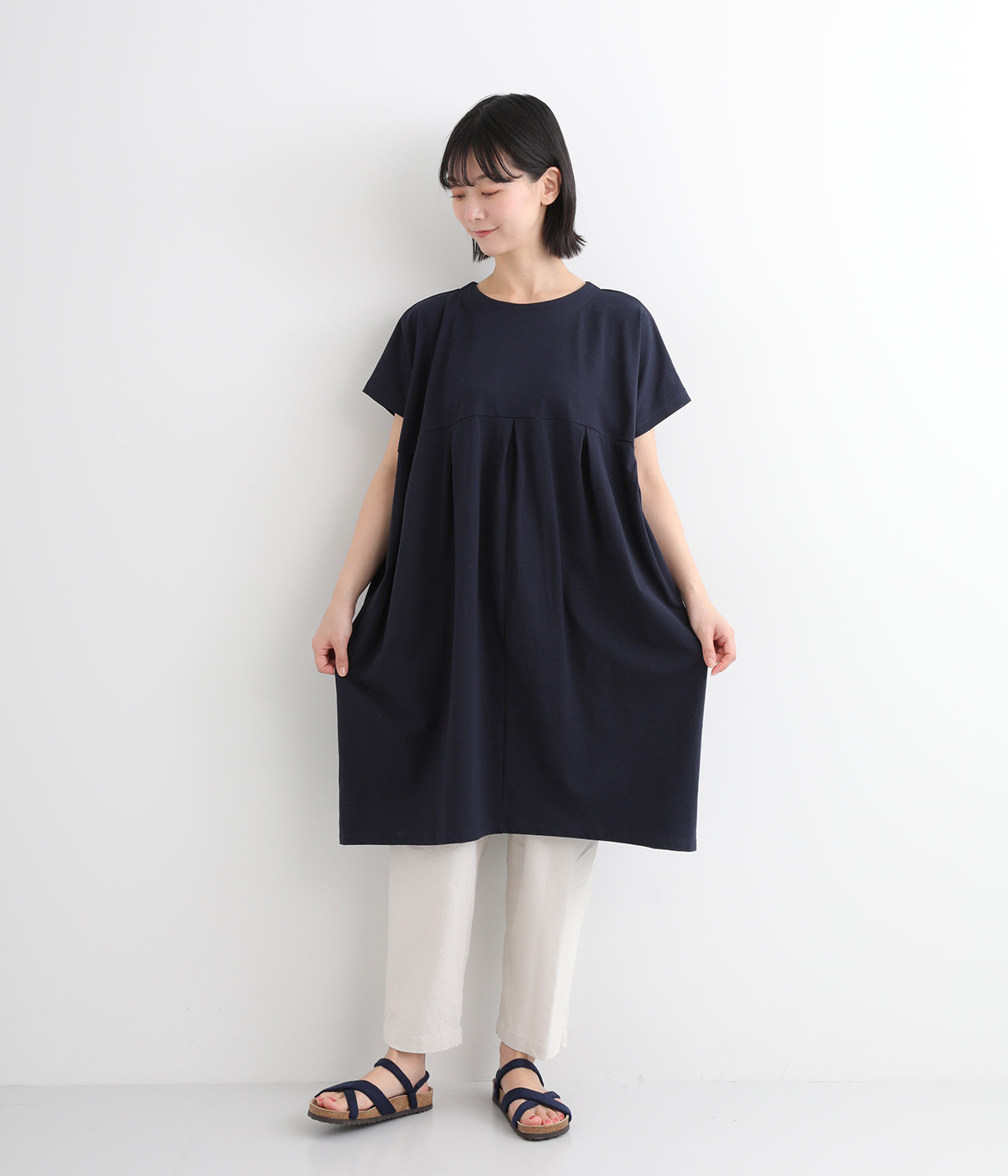 空紡糸天竺　ワイド2wayワンピース(ネイビー-ONESIZE)
