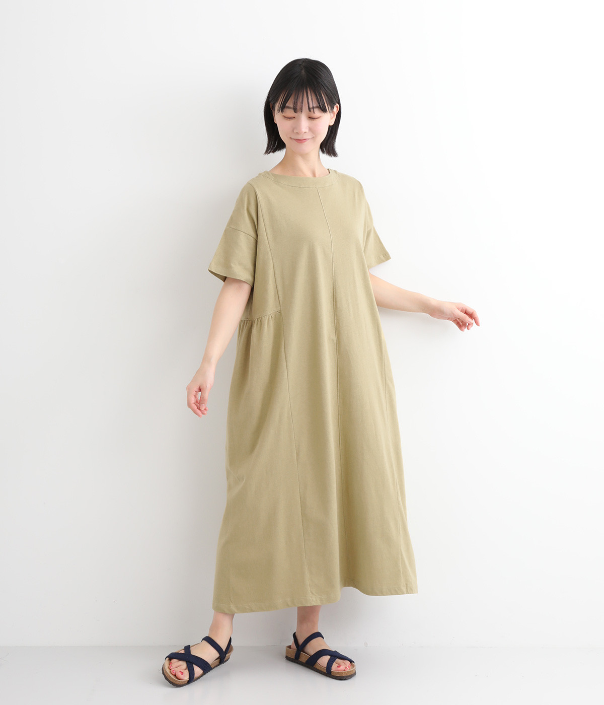 コットンリネン天竺　サイドギャザーワンピース(オリーブイエロー-ONESIZE)