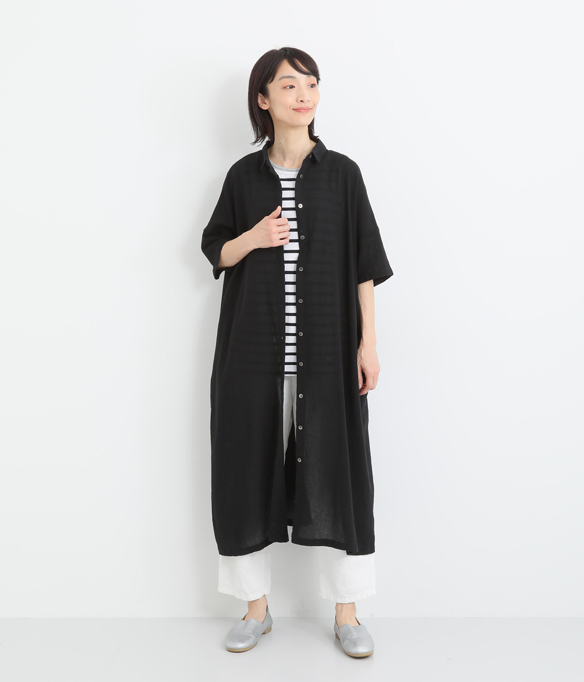 リネンブレンドからみ織5分袖ワンピース(ブラック-ONESIZE)