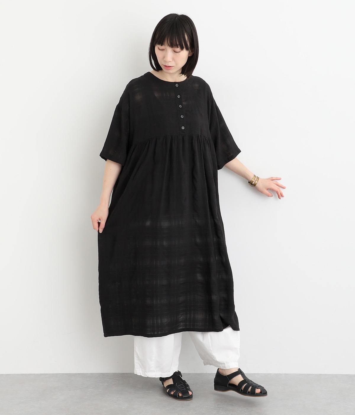 コットンリネンレーヨン織柄 チェック柄切替ギャザーワンピース(ブラック-ONESIZE)