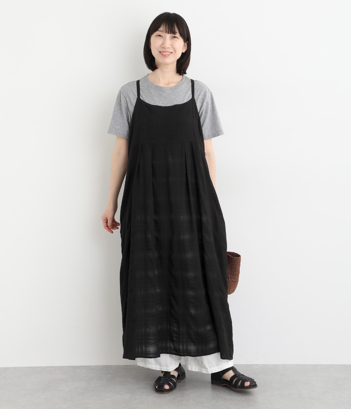 コットンリネンレーヨン織柄 チェック柄キャミワンピース(ブラック-ONESIZE)