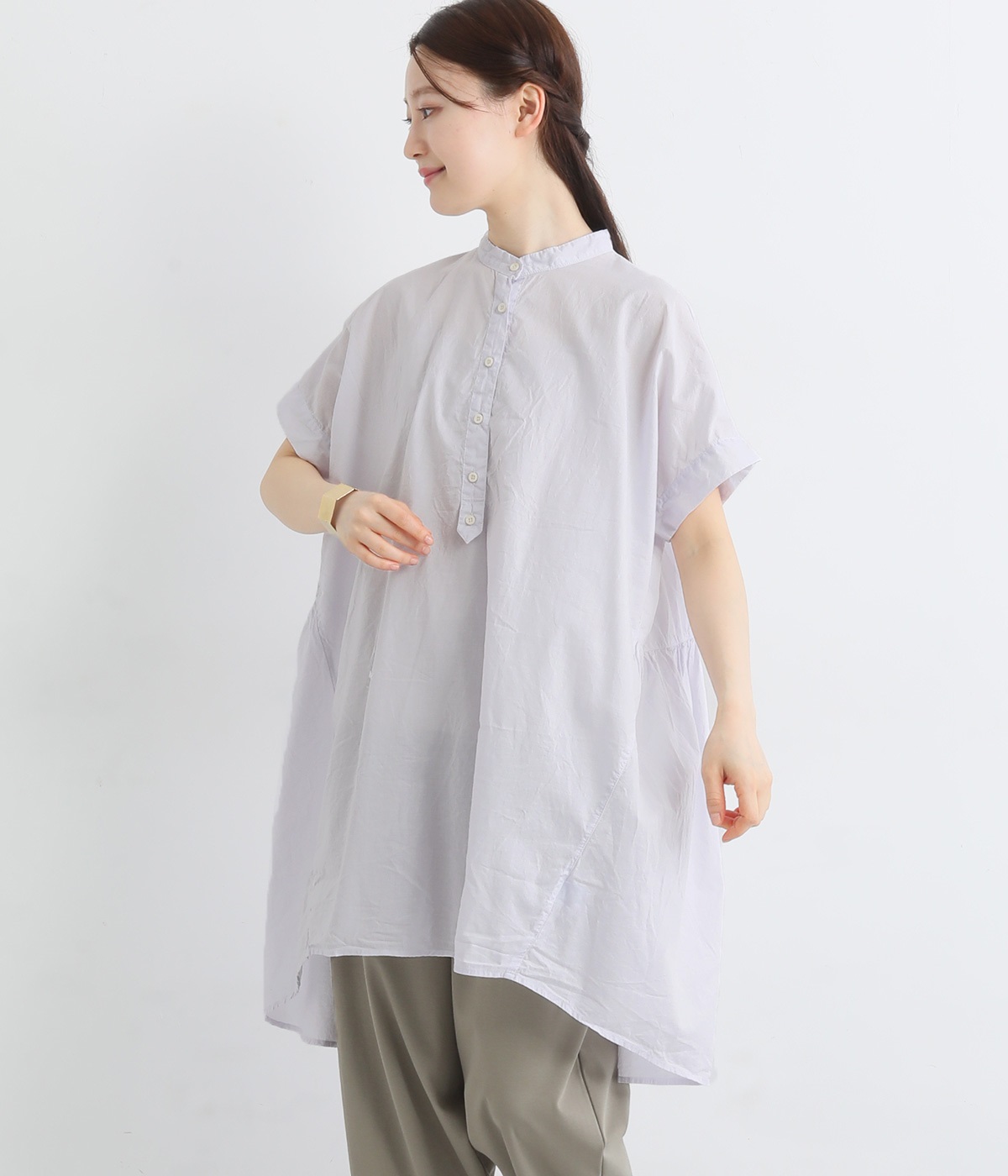 コットンローン日本製品染　バックギャザーチュニック(パールグレー-ONESIZE)