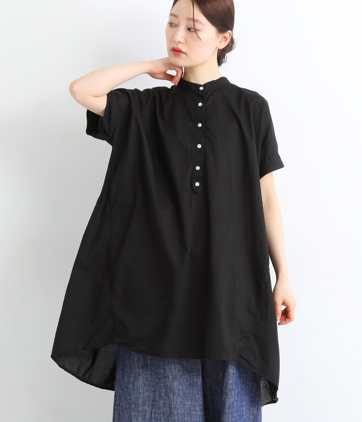 コットンローン日本製品染　バックギャザーチュニック(スミクロ-ONESIZE)