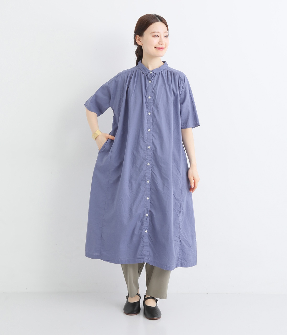コットンローン日本製品染　5分袖ワンピース(ブルーラベンダー-ONESIZE)