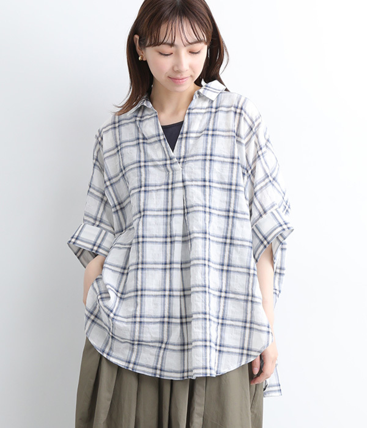 シャーリングボイル　スキッパーチュニック(ブルー-ONESIZE)