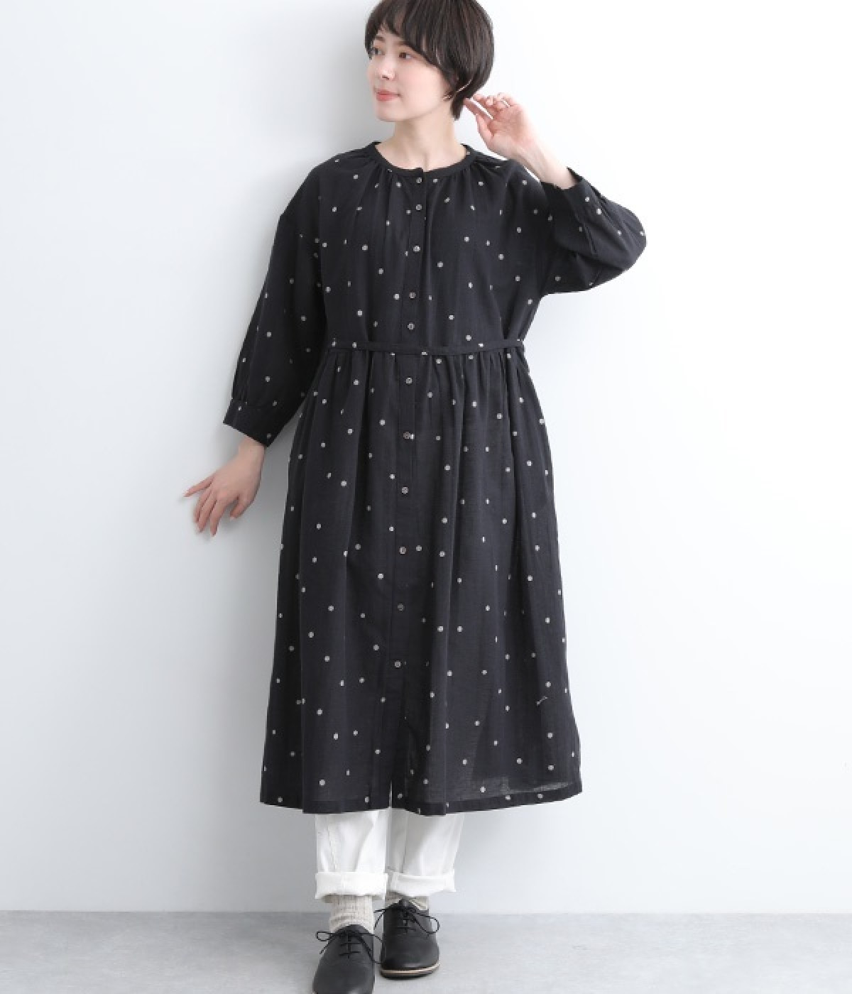 ドット前開きワンピース(ブラック-ONESIZE)