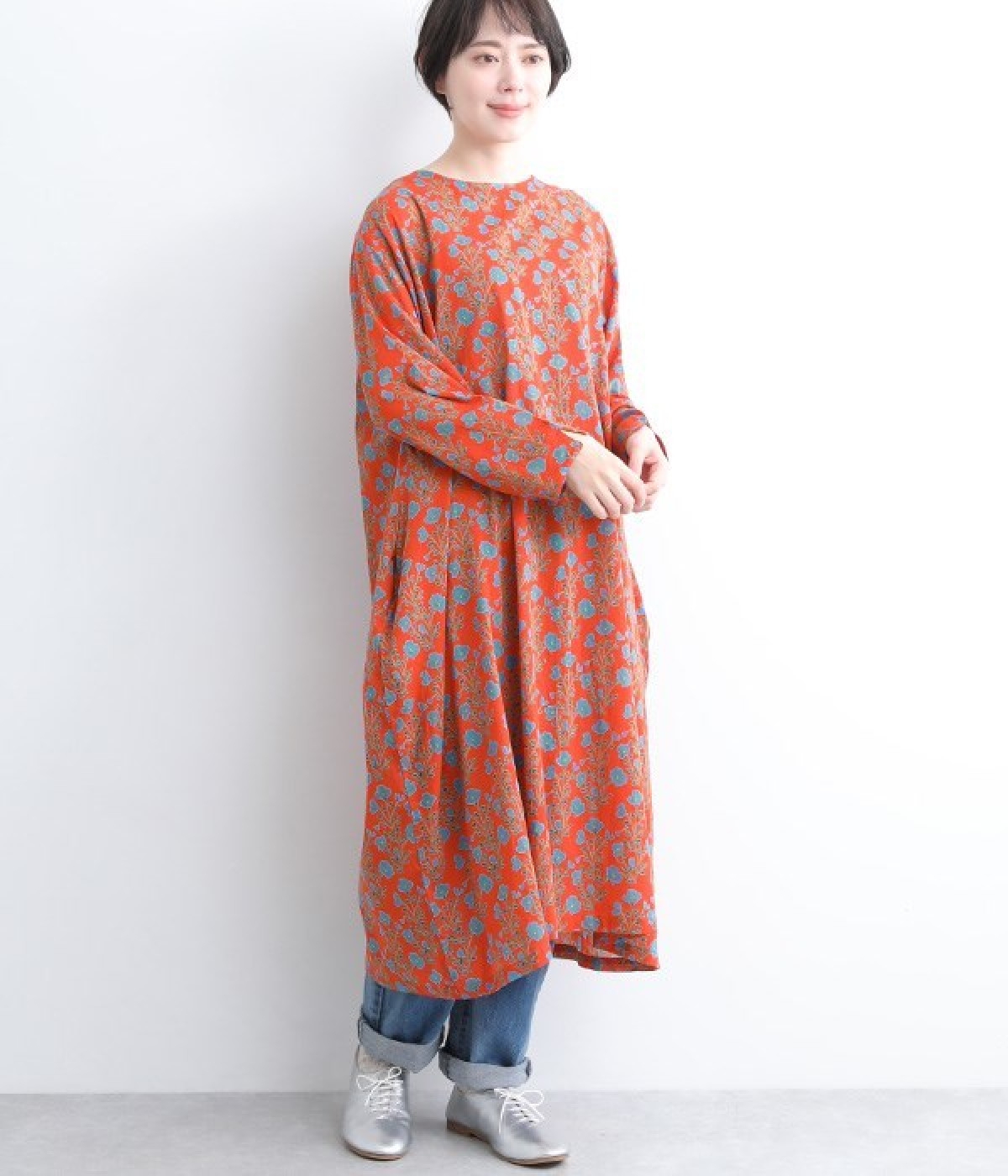 フラワーラインバルーンワンピース(レッド-ONESIZE)