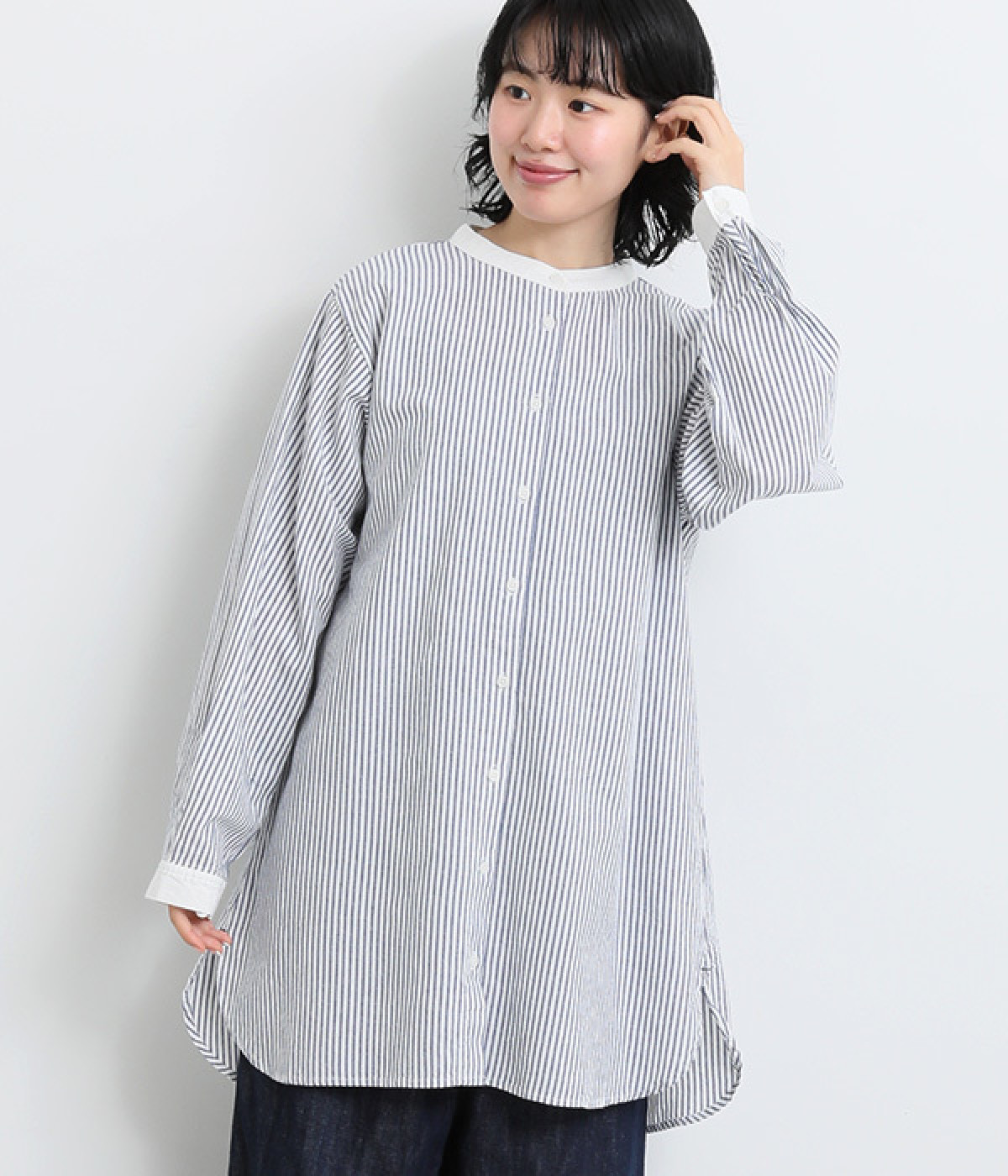 ストライプジャーナルバンドカラーチュニック(ストライプ-ONESIZE)