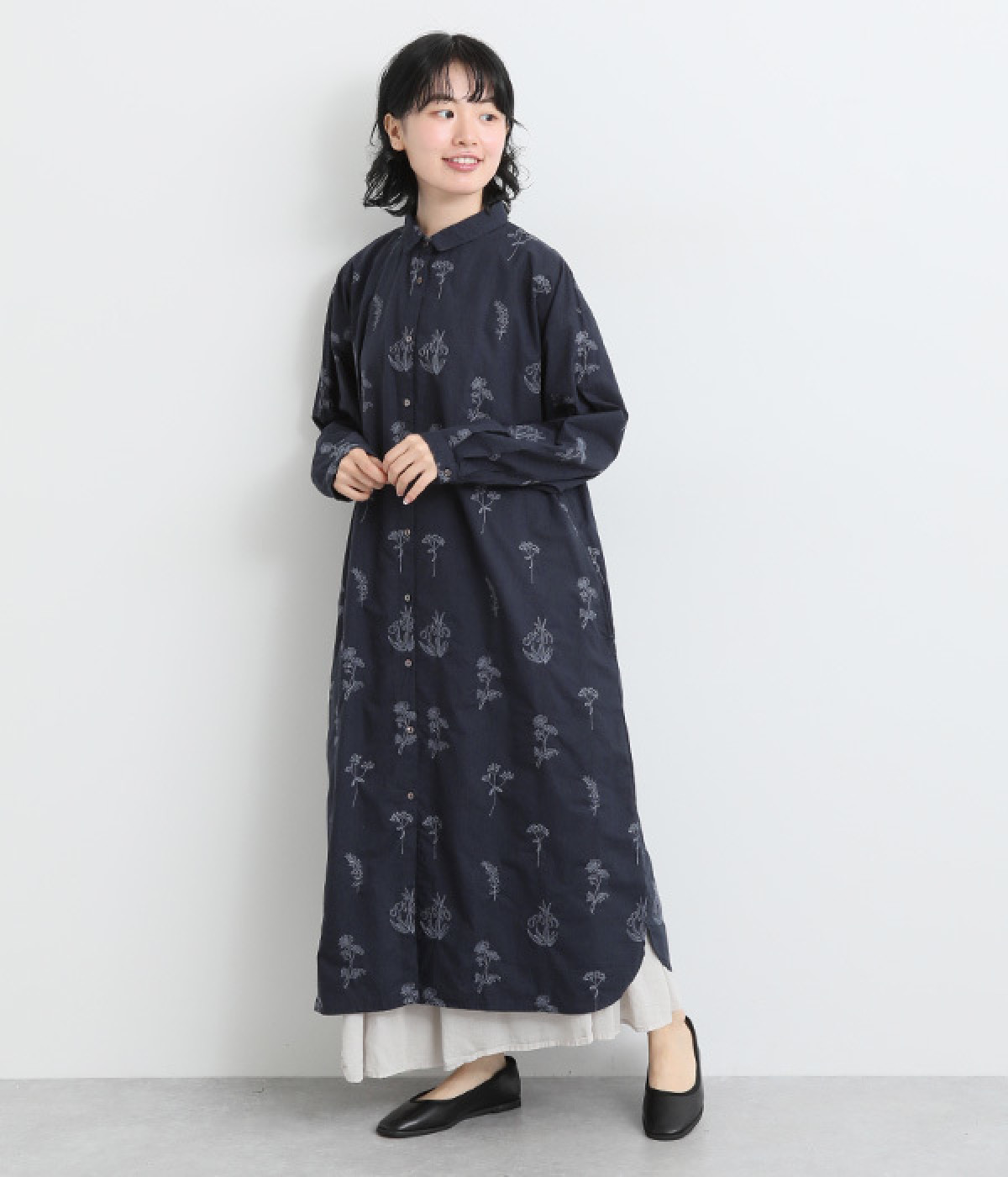 フラワーベッド前開きワンピース(ネイビー-ONESIZE)