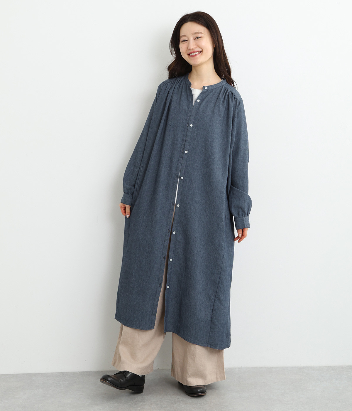 ソフトデニム前開きギャザーワンピース(ネイビー-ONESIZE)