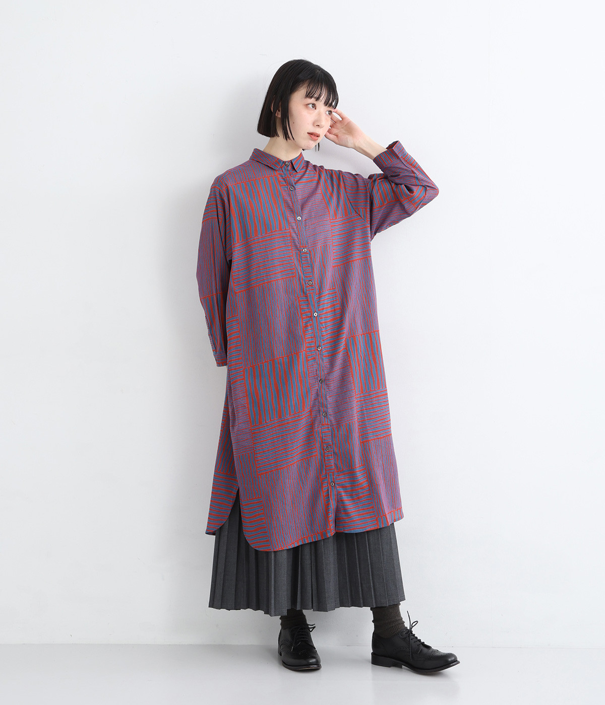 ストライプシャツワンピース(レッド-ONESIZE)