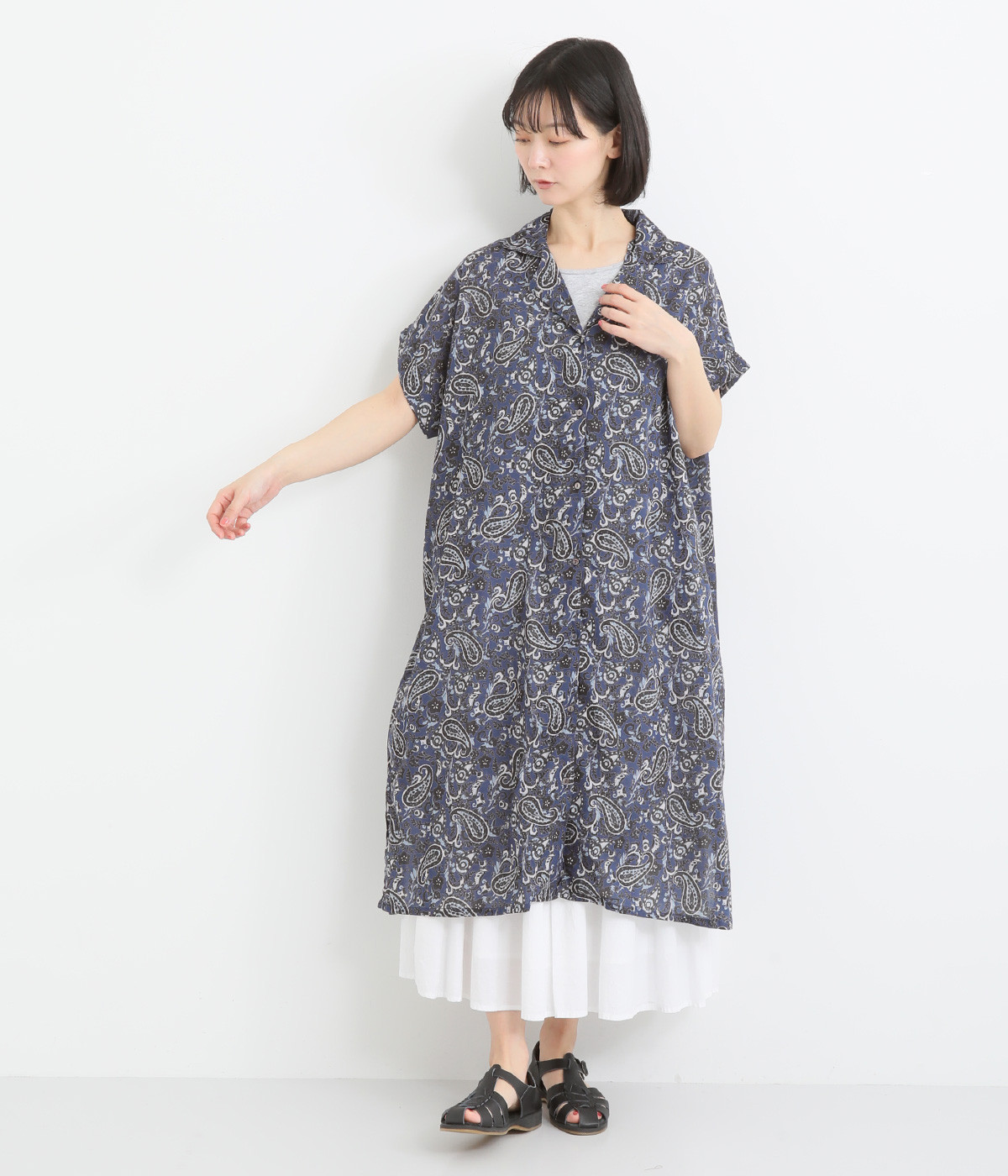 ペイズリー半袖前開きワンピース(ネイビー-ONESIZE)
