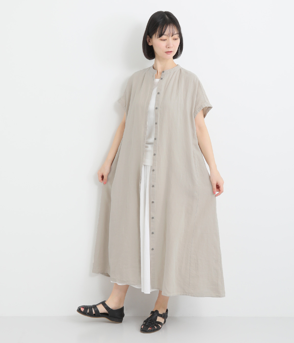 フラテス前開きワンピース(ベージュ-ONESIZE)