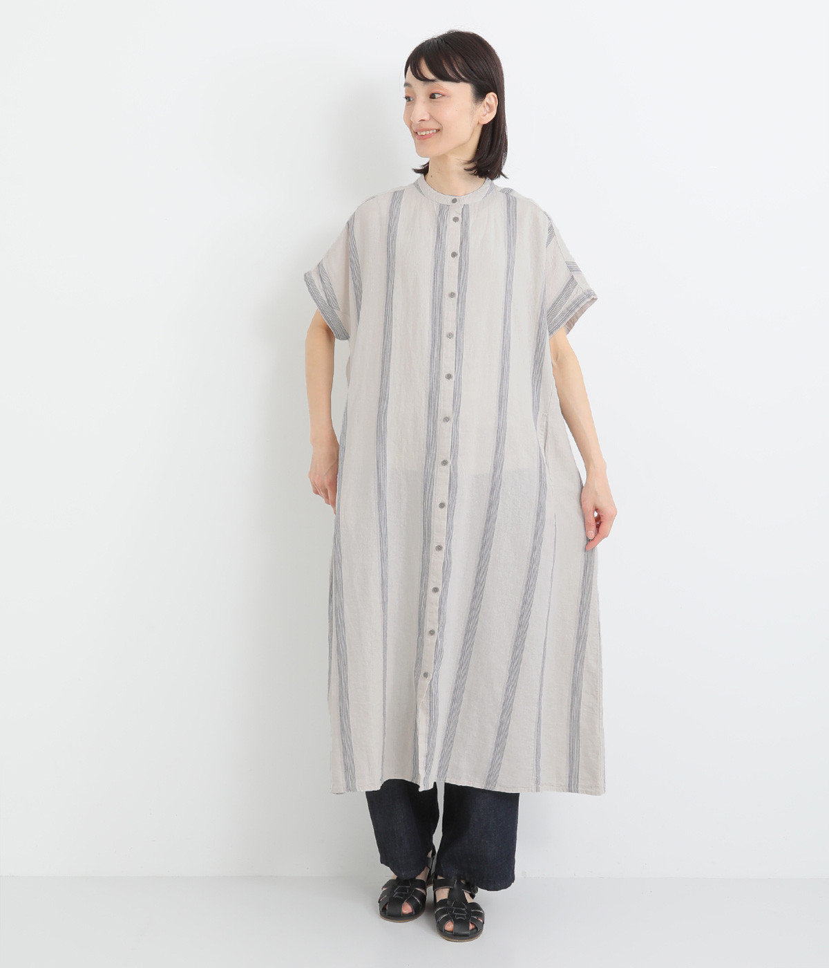フラテス前開きワンピース(ストライプ-ONESIZE)