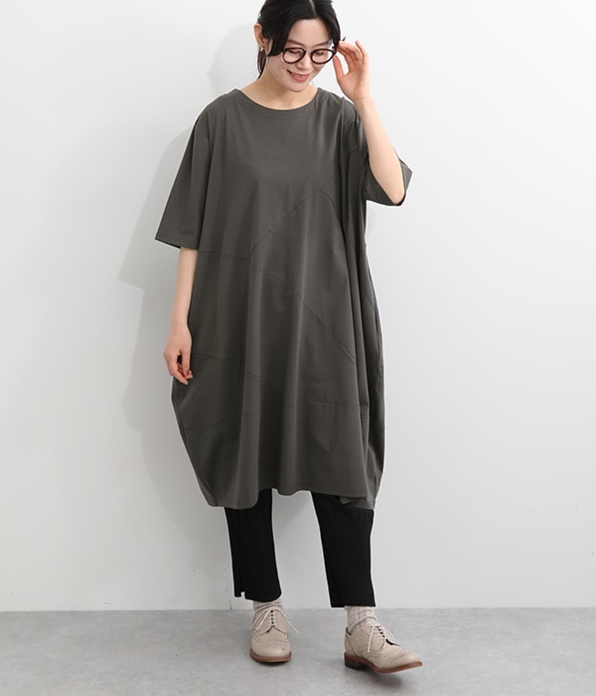 コットン5分袖コクーンワンピース (グレー-ONESIZE)