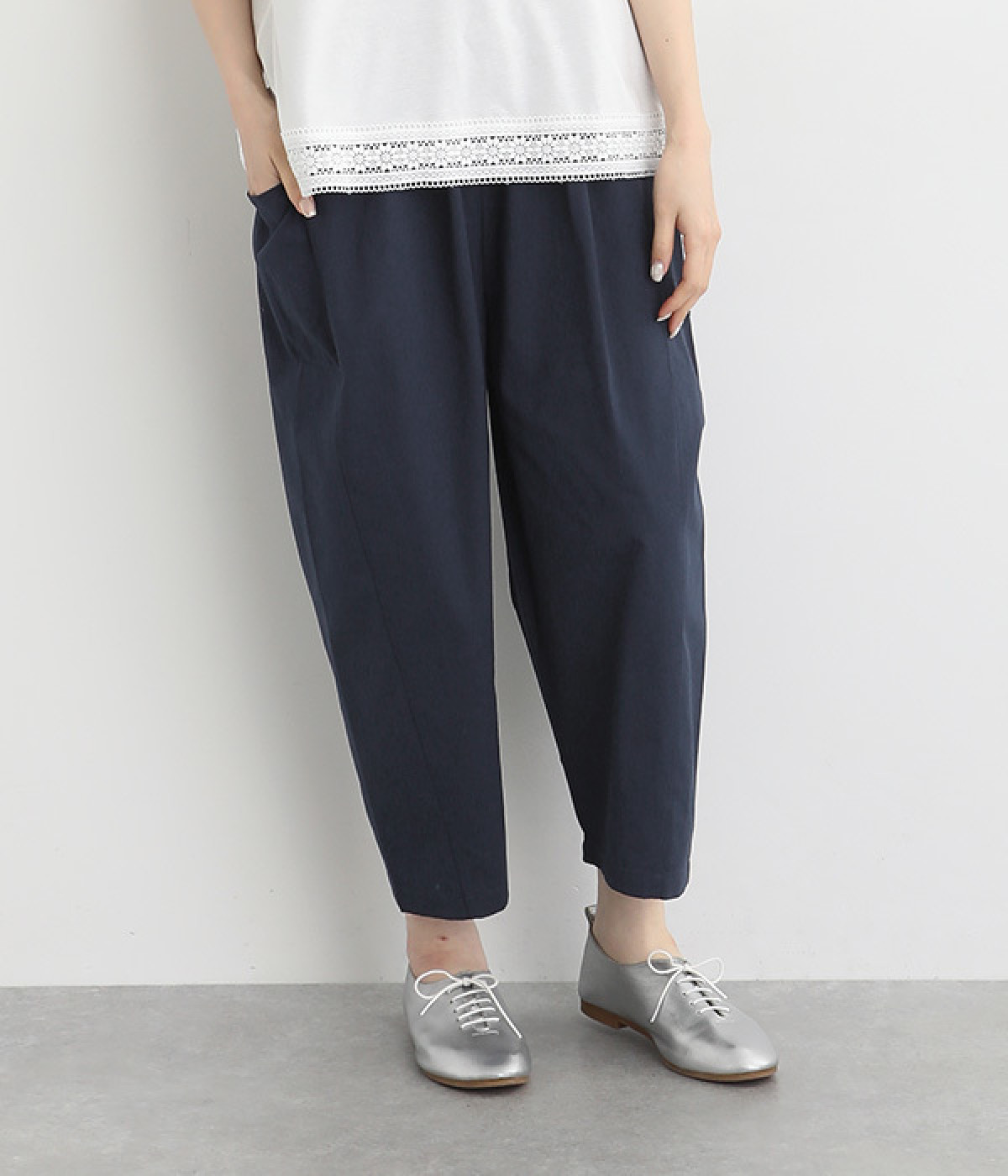 コットン脇パッチポケットコクーンワイドパンツ(ネイビー-ONESIZE)