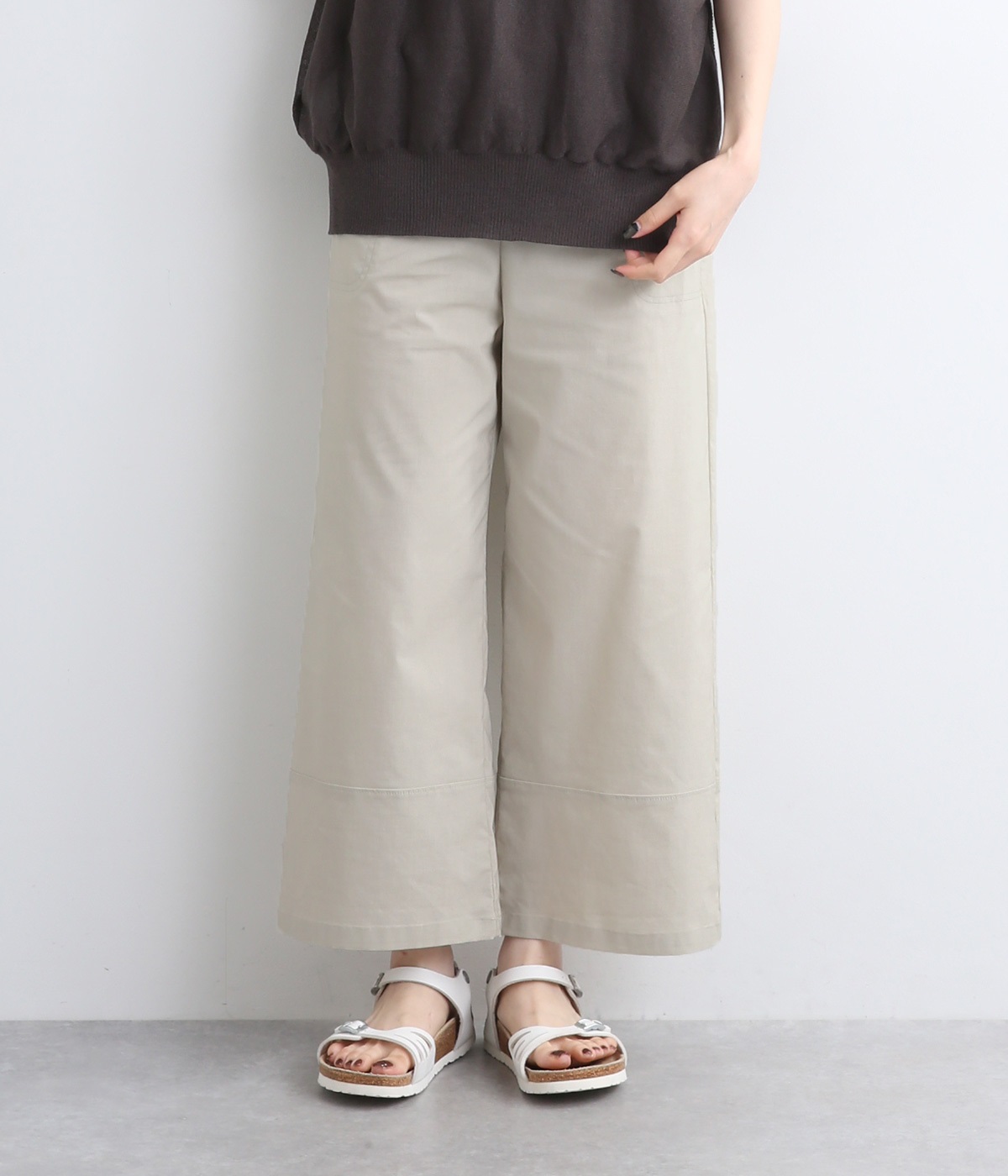ストレッチ裾切替ステッチワークワイドパンツ(ベージュ-M)