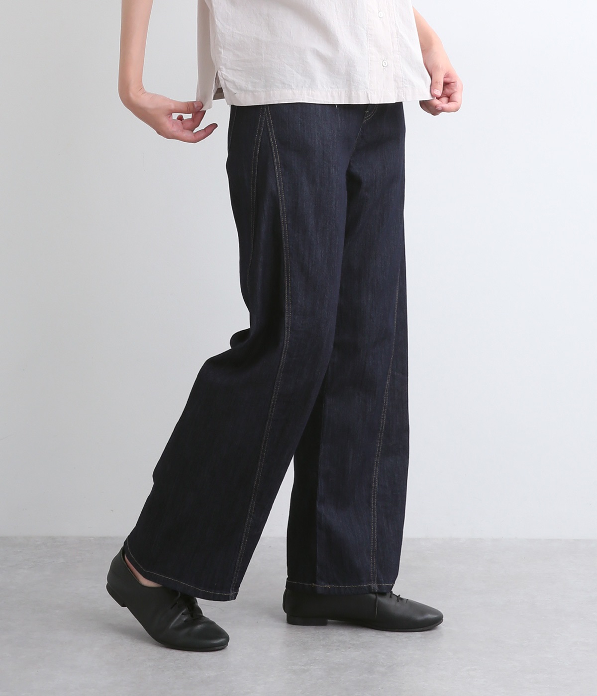 接触冷感ストレッチサイド切替ストレートデニムワイドパンツ(ネイビー-L)