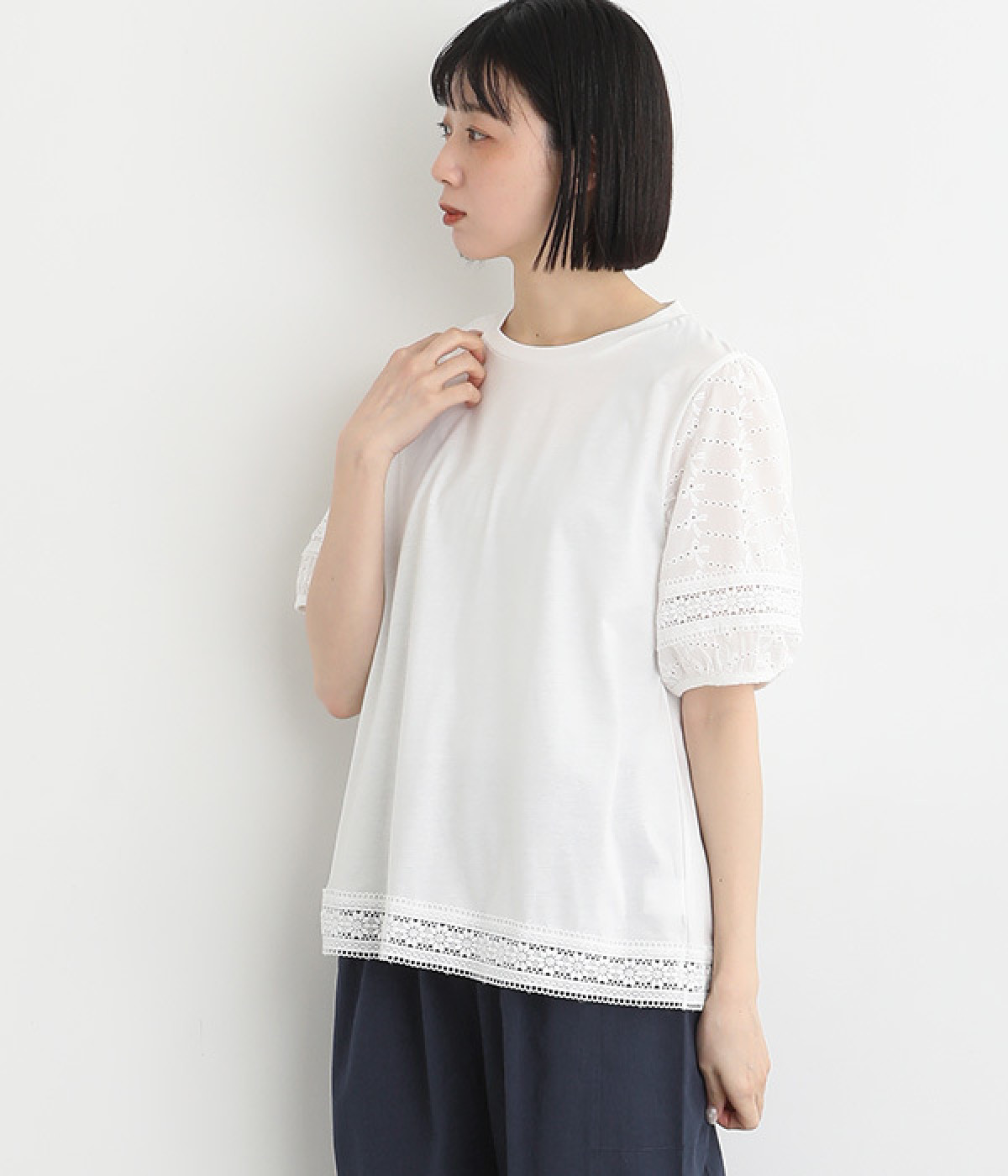 袖裾レース切替半袖カットソー(ホワイト-ONESIZE)