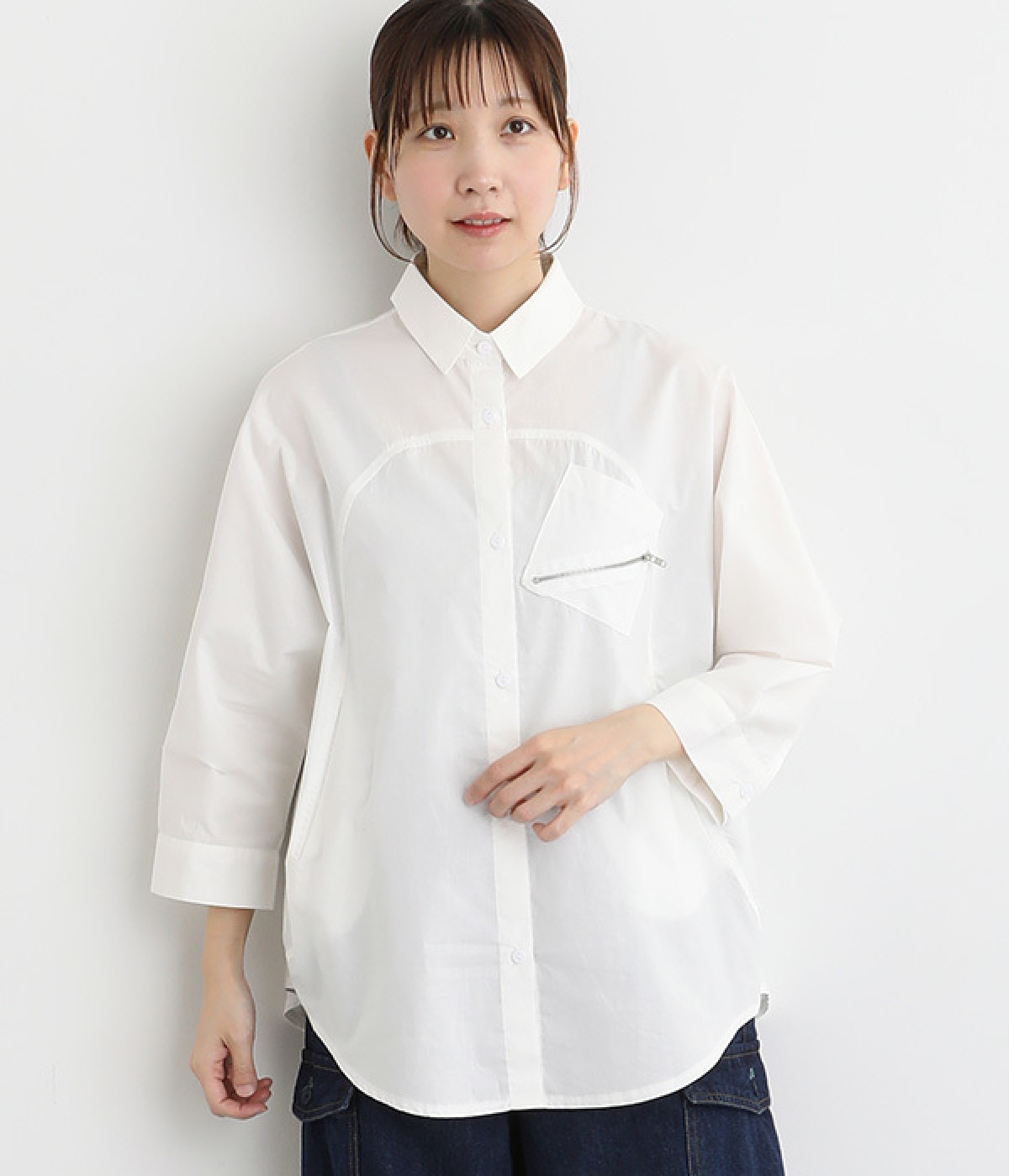 コットン飾りファスナー切替ドルマンブラウス(ホワイト-ONESIZE)