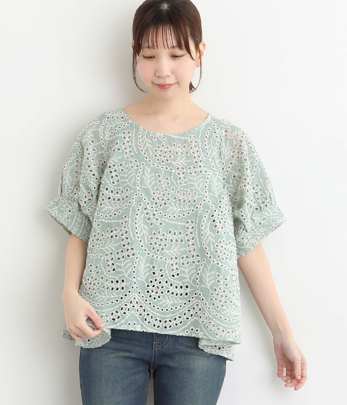 総レース刺繍テントラインプルオーバー(グリーン-ONESIZE)