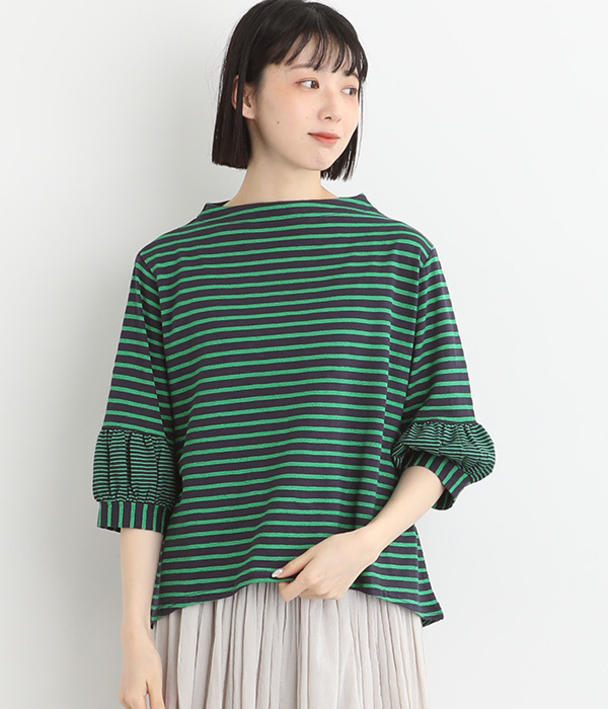 ボーダー切替バルーン袖ボトルネックカットソー(ネイビー-ONESIZE)
