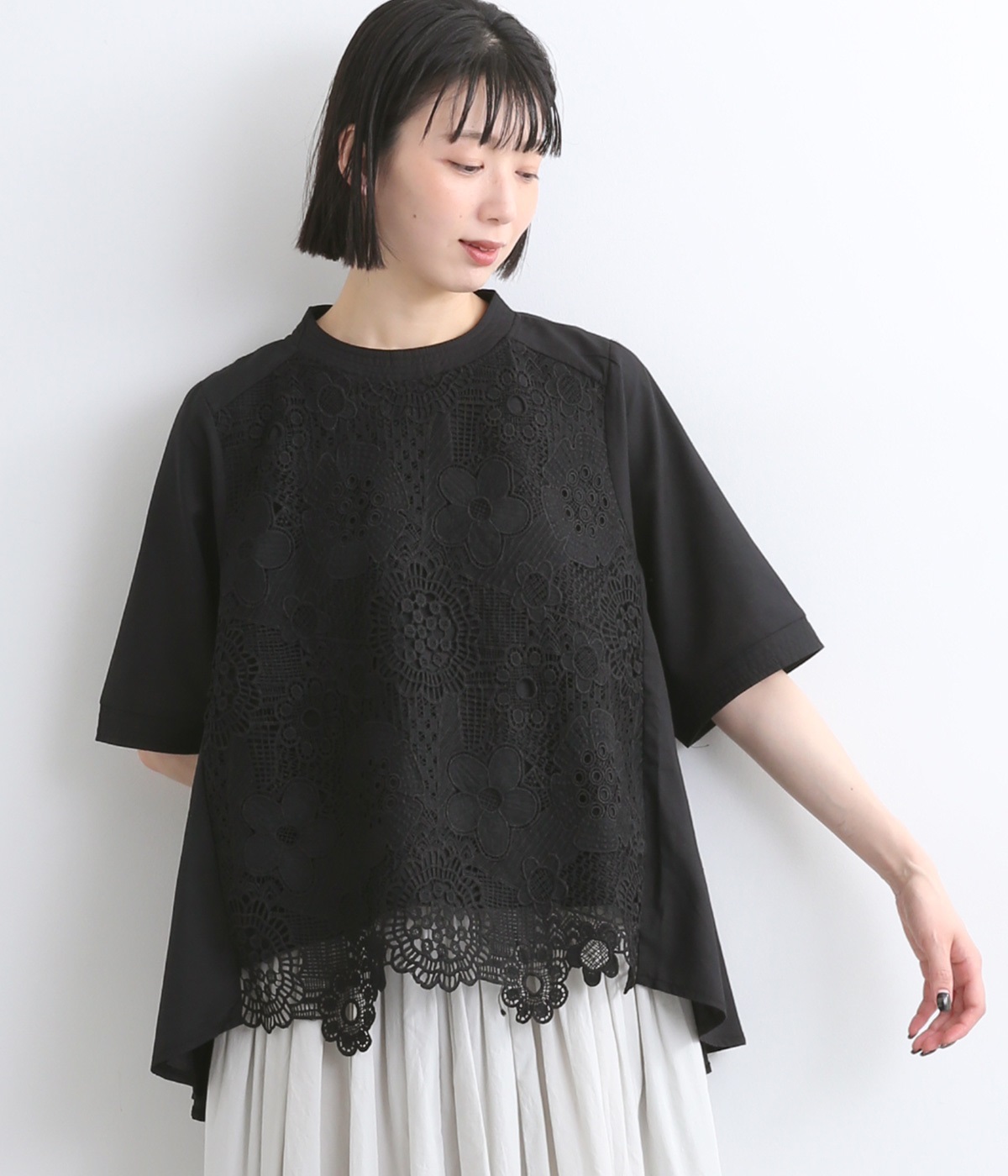 花レース5分袖バンドカラーフレアワイドブラウス(ブラック-ONESIZE)