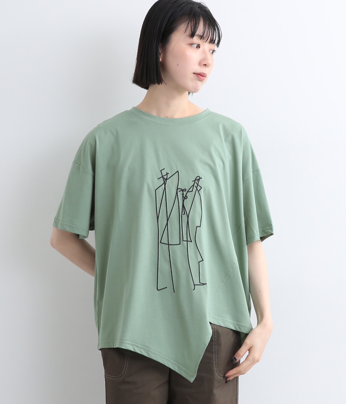 イラストデザイン刺繍裾変形切替半袖Tシャツ(グリーン-ONESIZE)