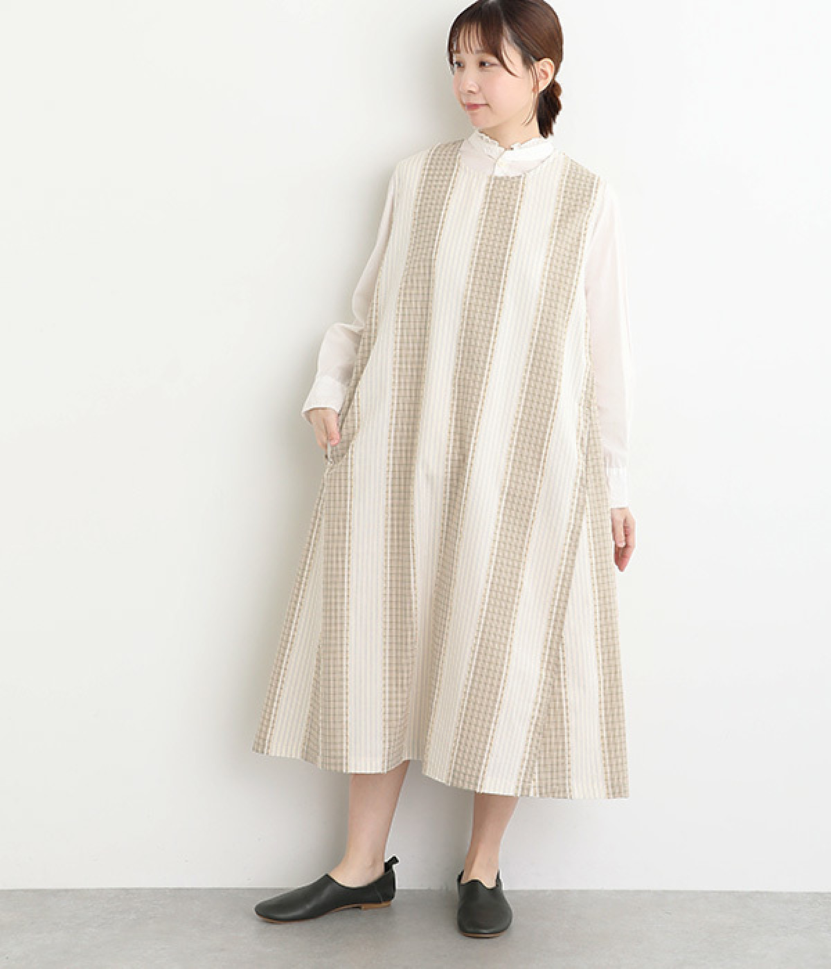 コットンチェックストライプ柄切替Aラインワンピース(ホワイト-ONESIZE)