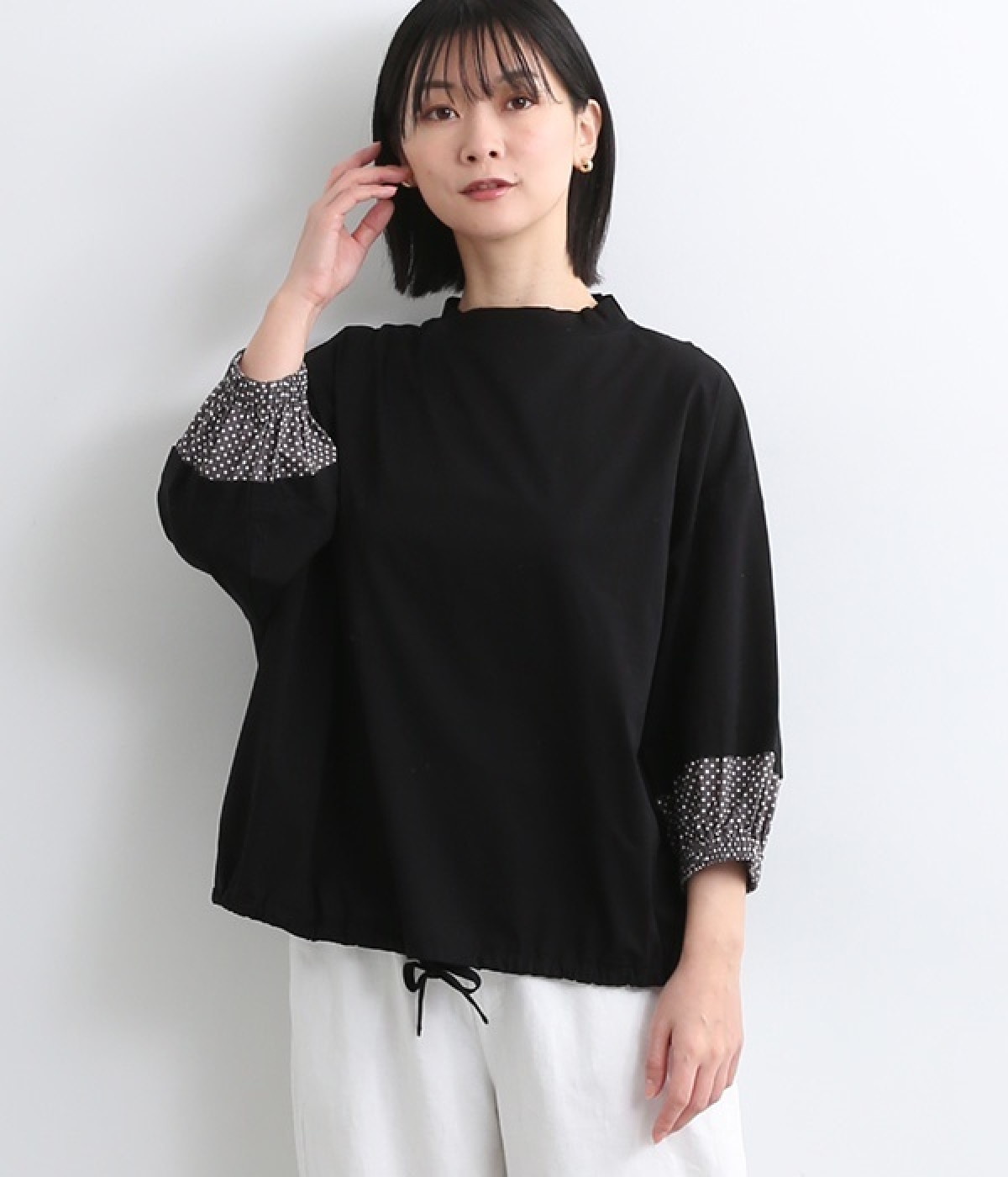 コットン袖切替えドットドロストプルオーバー(ブラック×ドット-ONESIZE)