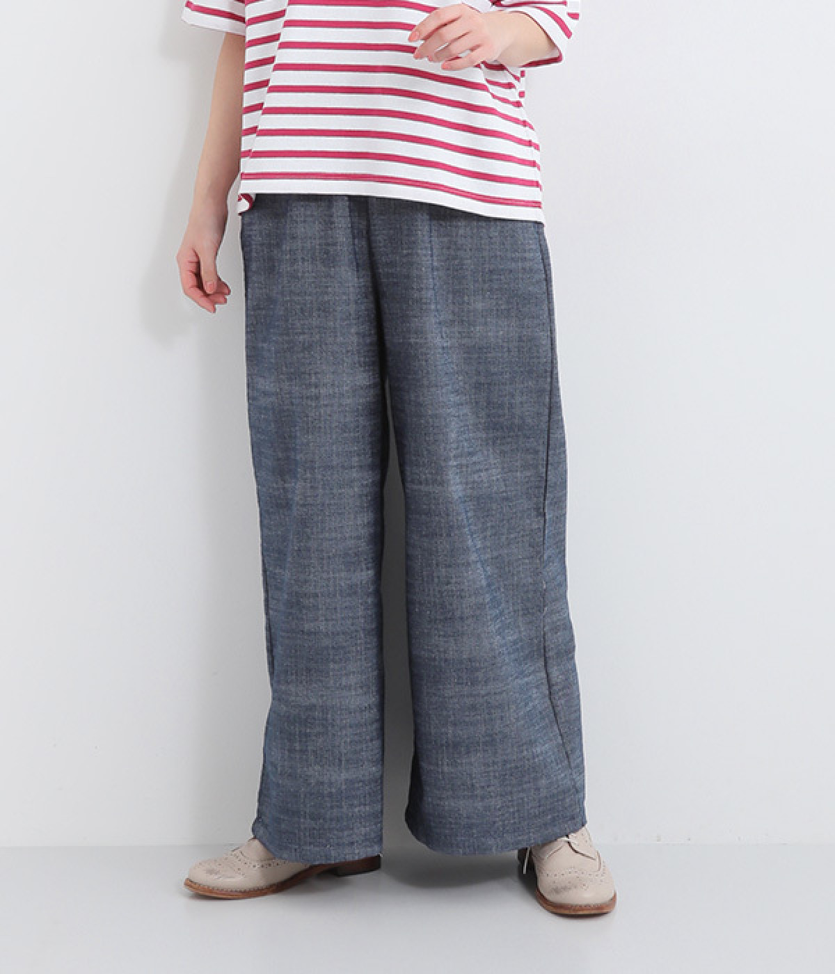 【LaLaquesera】コットンリネン混デニムワイドパンツ(デニムネイビー-ONESIZE)