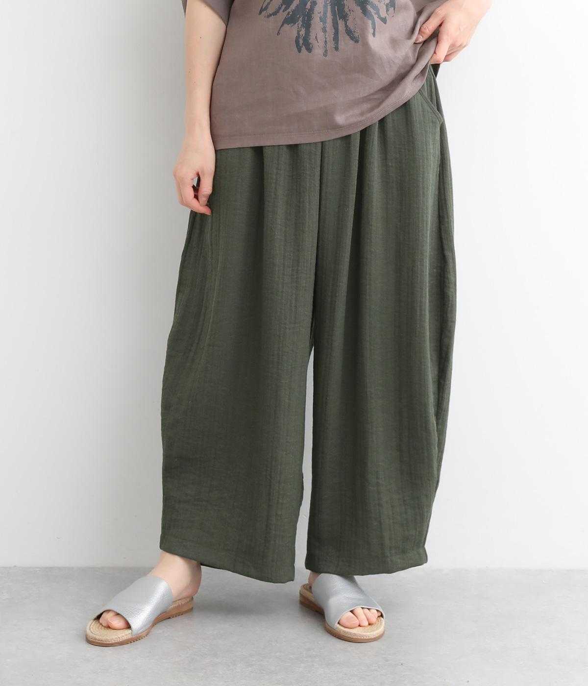 レーヨンリネンコットン混ウエストゴムサークルバギーパンツ(グリーン-ONESIZE)