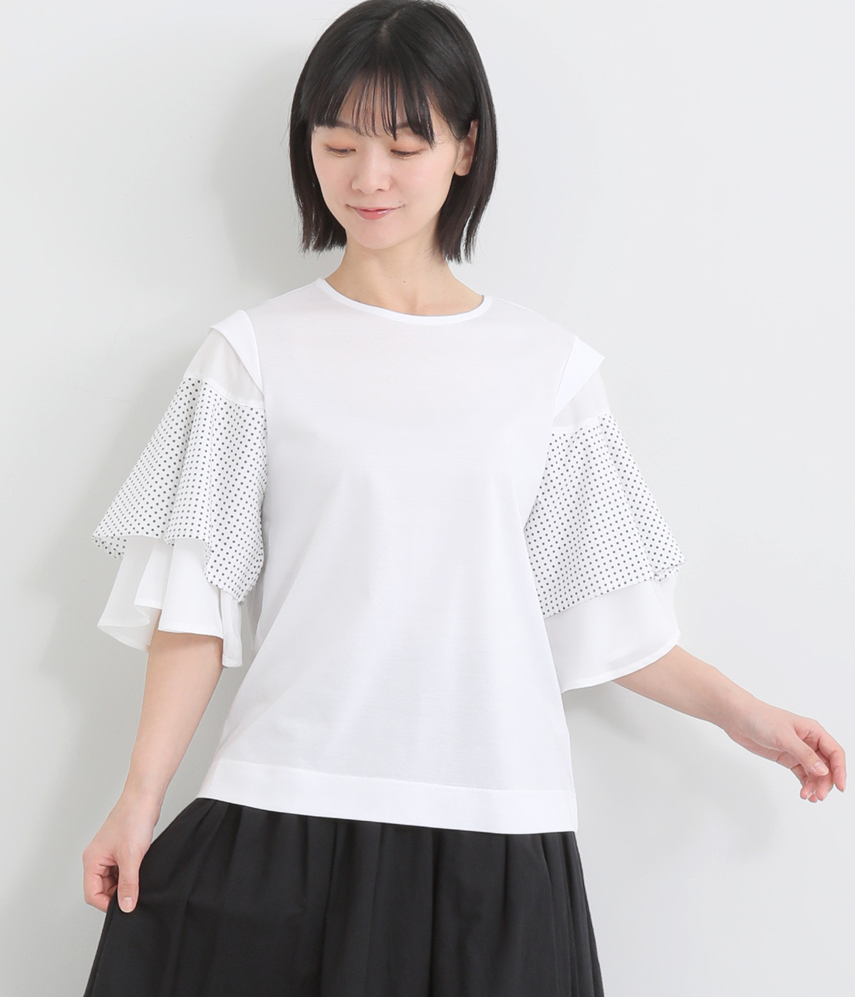 コットン袖異素材ドットティアードTシャツ(ホワイト-ONESIZE)