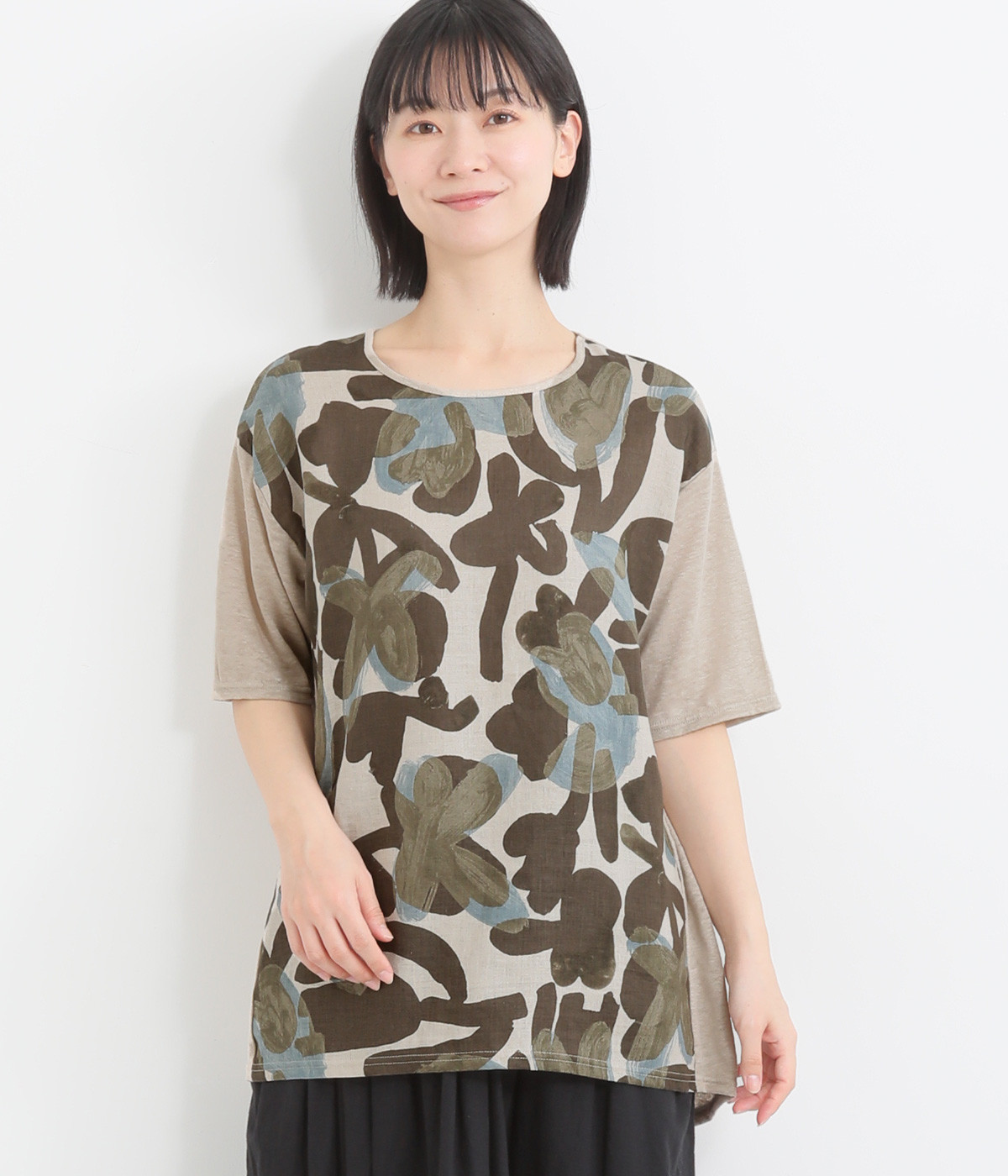 日本製リネン花柄半袖ブラウス(ベージュ-ONESIZE)