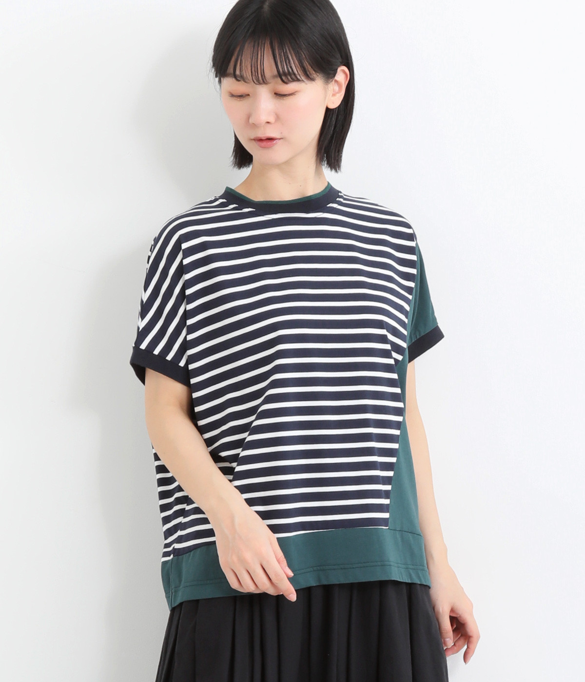 切替ボーダー後ろスリット半袖プルオーバー(ネイビーボーダー-ONESIZE)