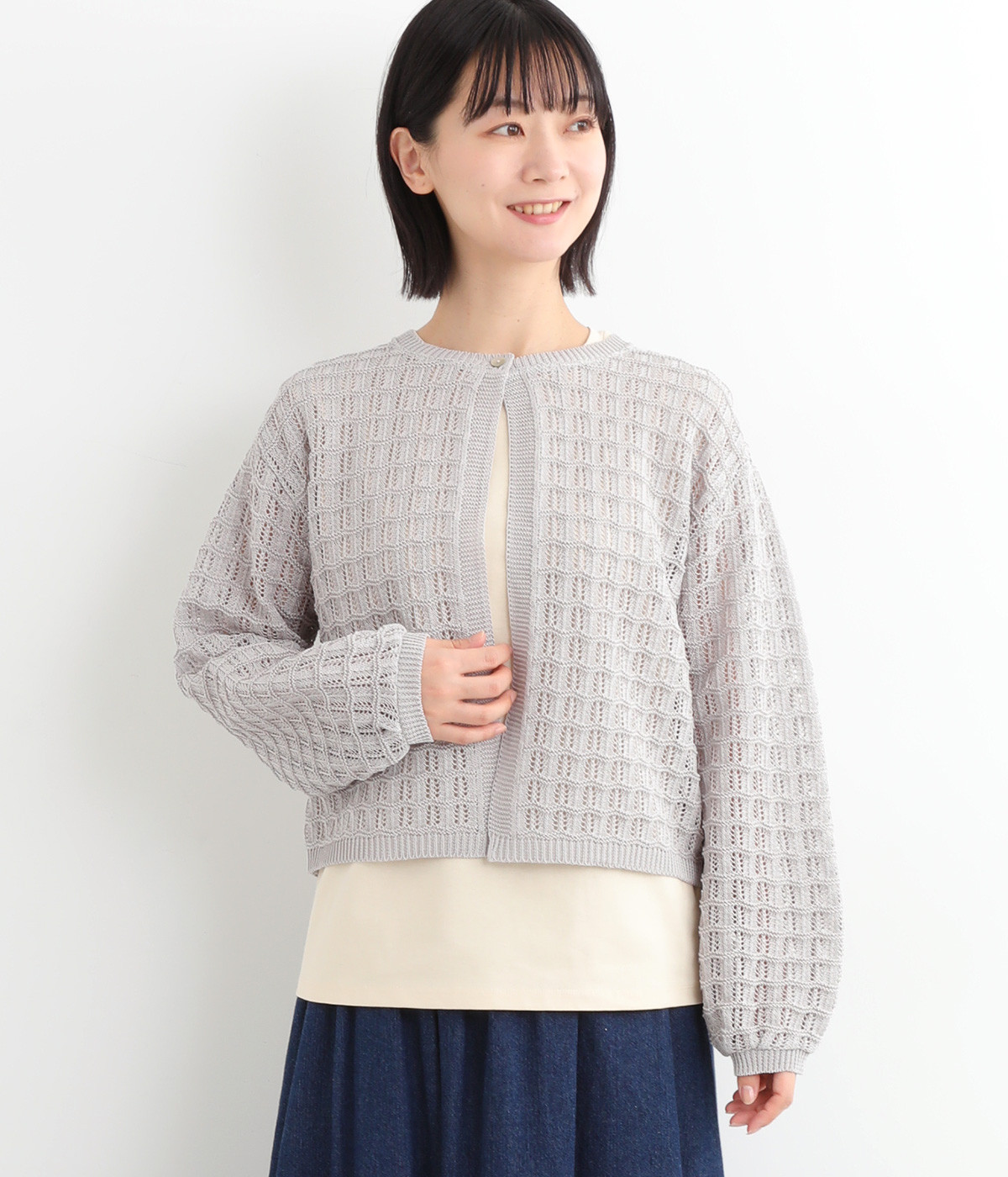 コットンストローヤーン透かしガーター柄カーディガン(シルバー-ONESIZE)