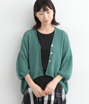 コットン和紙シャリっと6分袖鹿子編みワイドカーディガン