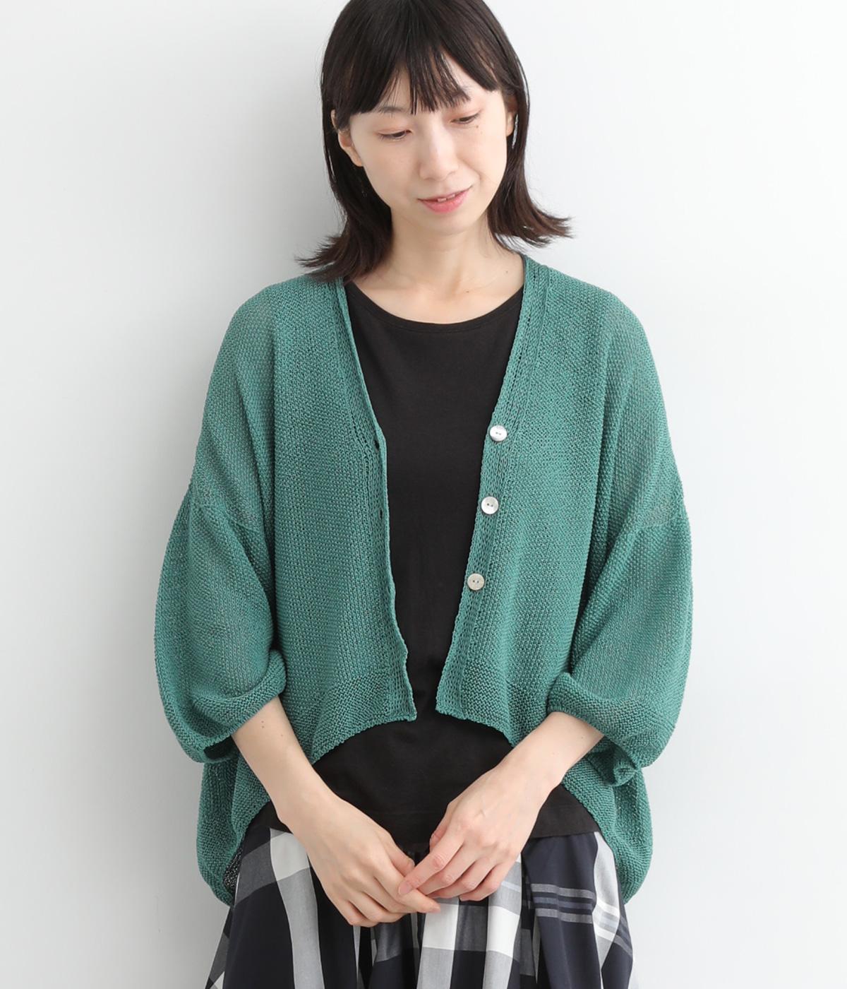 コットン和紙シャリっと6分袖鹿子編みワイドカーディガン(グリーン-ONESIZE)