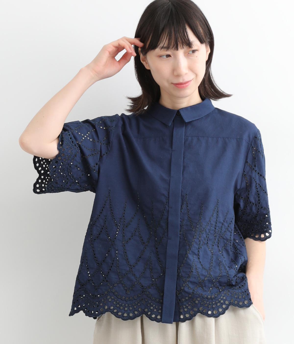 コットンデニムローンレース半袖ちび襟シャツ(ネイビー-ONESIZE)