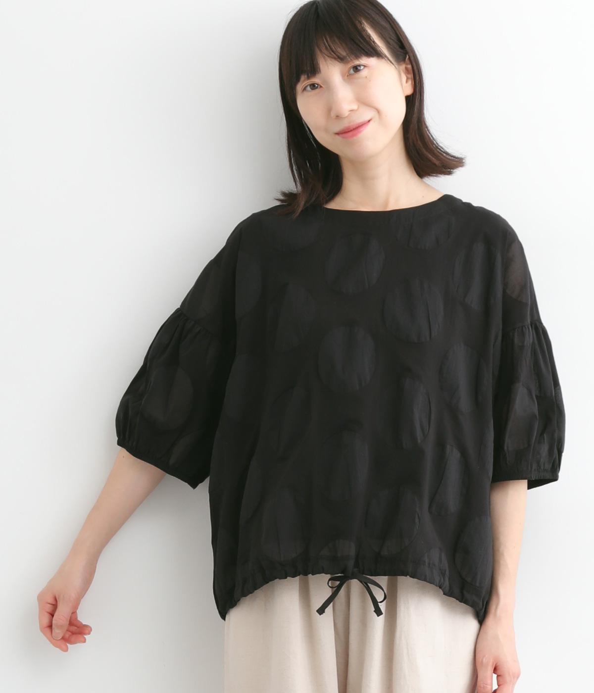 コットン塩縮ドット首元袖ゴム裾ドロストTシャツ(ブラック-ONESIZE)