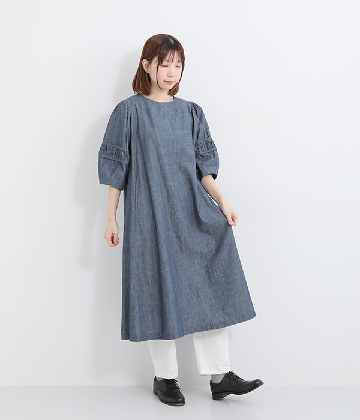 コットンムラ糸デニムパフスリーブワンピース(ネイビー-ONESIZE)