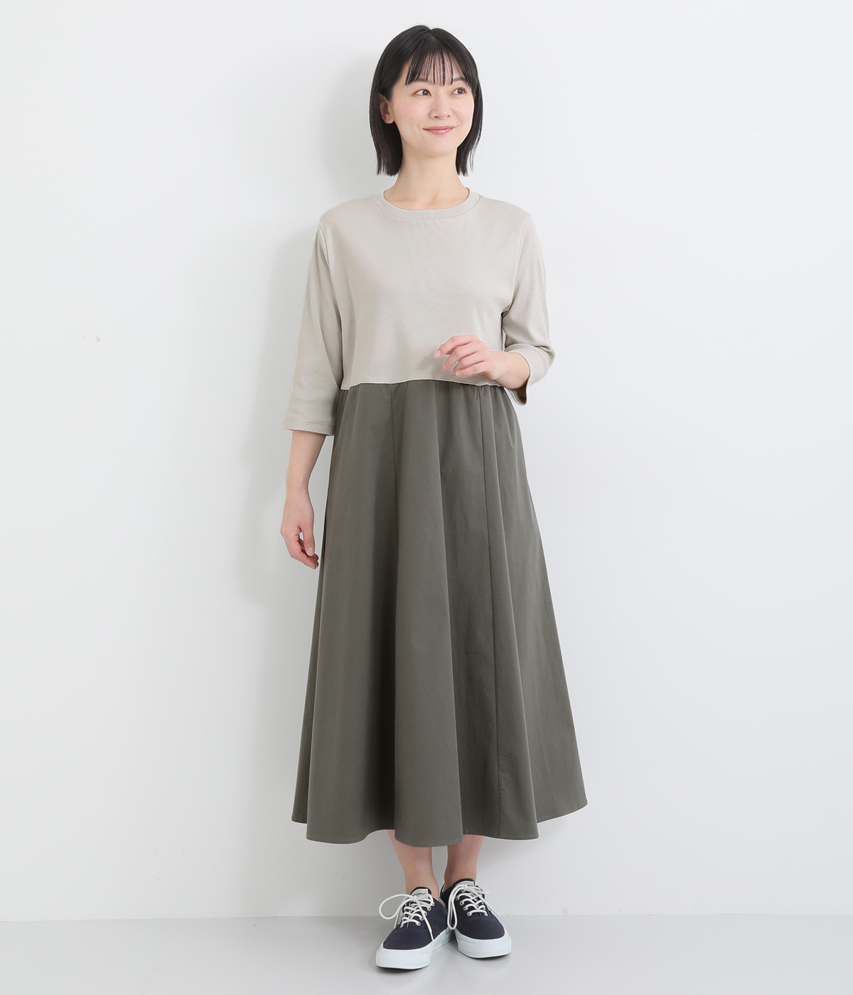 【LaLaquesera】リブ×バイオコットンドッキングワンピース(グレージュ×カーキグレー-ONESIZE)