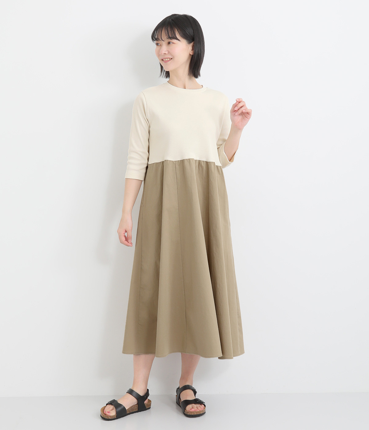 【LaLaquesera】リブ×バイオコットンドッキングワンピース(ベージュ×キャメルベージュ-ONESIZE)