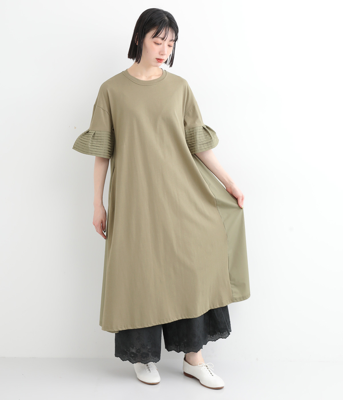 天竺コットン袖異素材ティアード後ろタックワンピース(ベージュ-ONESIZE)