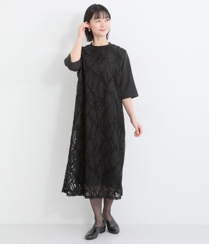【LaLaquesera】チュールシフォンコード刺繍6分袖ワンピース