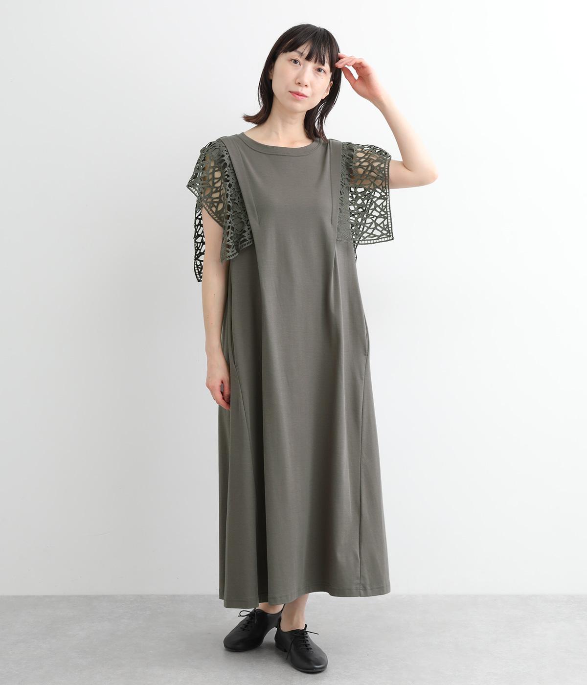 コットンスムース袖絡みレースドッキングワンピース(グレー-ONESIZE)