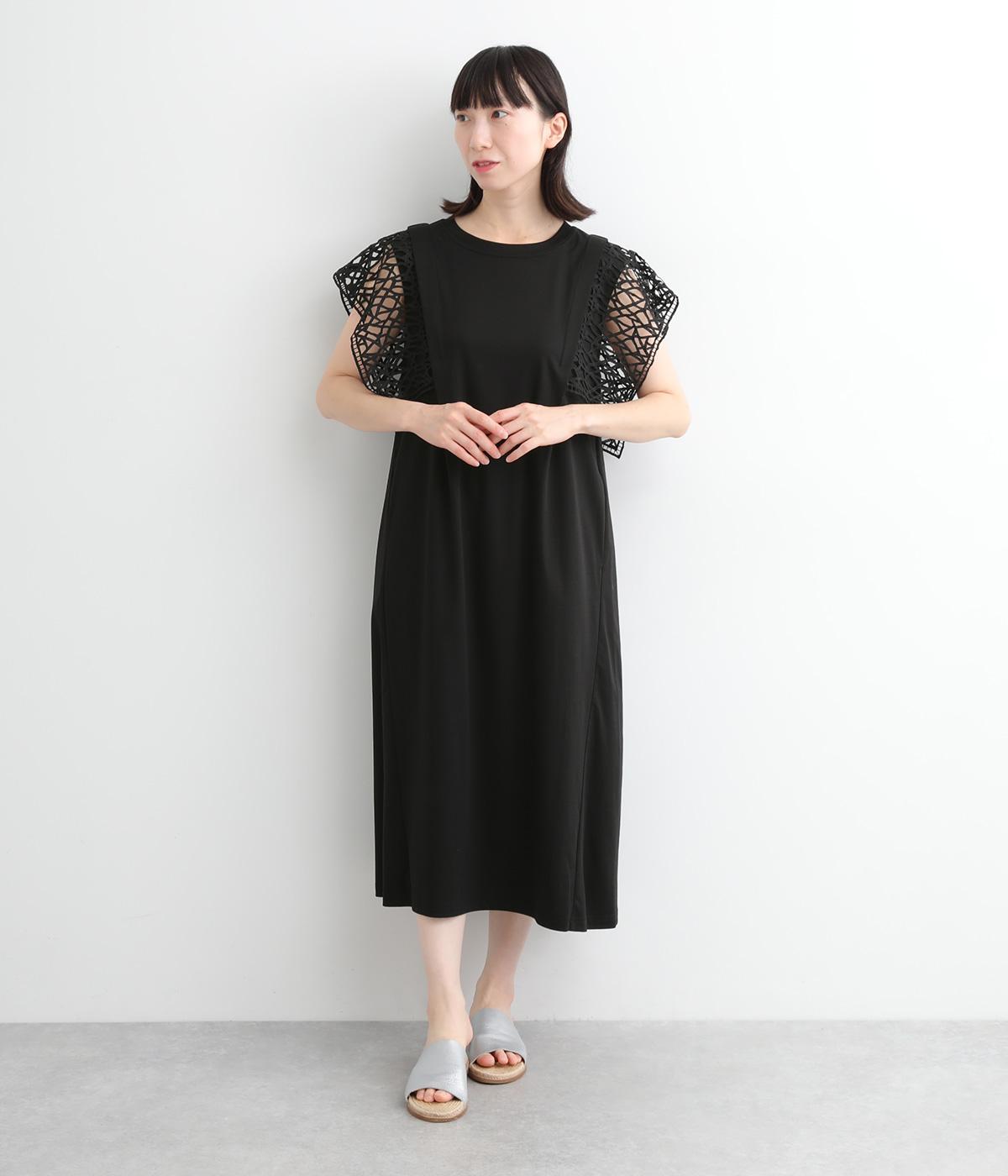 コットンスムース袖絡みレースドッキングワンピース(ブラック-ONESIZE)