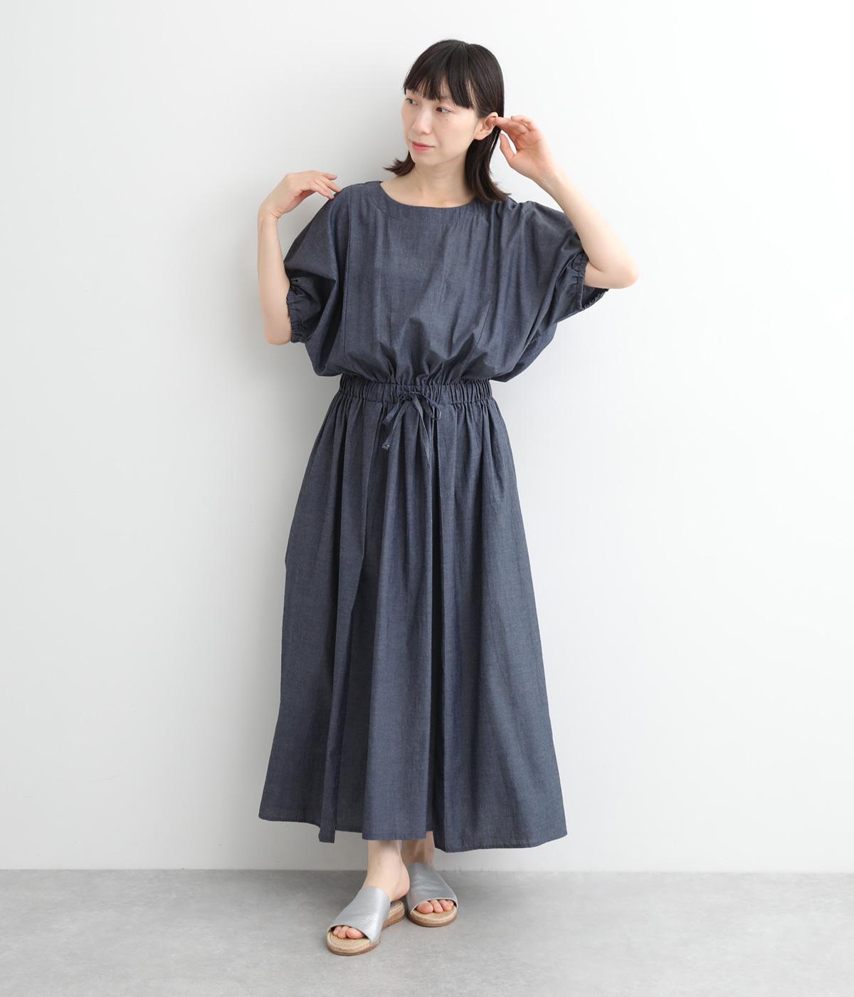コットンデニムシャンブレーウエストゴム切替ワンピース(ネイビー-ONESIZE)