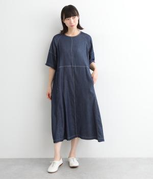 コットンデニム袖ドロストステッチ半袖ワンピース